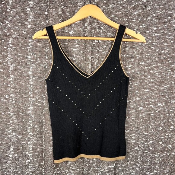 Max‎ Studio Knit XS Black Stretch Tan Embroidered Accent Trim - Picture 1 of 4